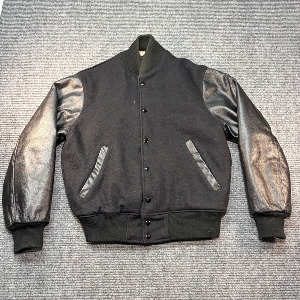 Empire Sporting Goods Men Large Varsity Jacket Black Wool Leather Union Made USA